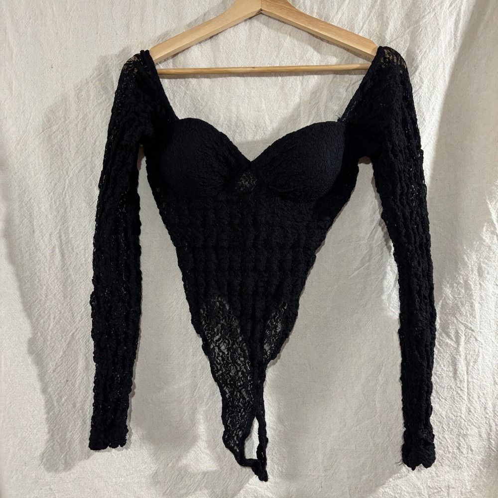 Vintage Fredericks of Hollywood Black Lace Bodysuit 80s Long Sleeve Medium USA